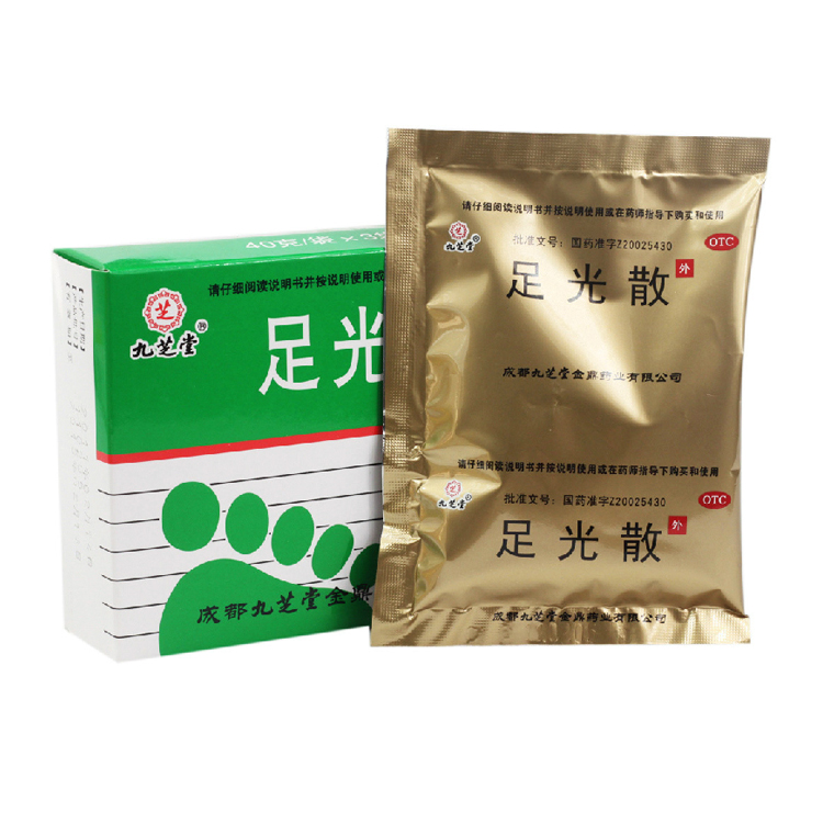 【九芝堂】足光散 价格¥8.00 购买药店北京美信康年大药房 适应症清热燥湿，杀虫敛汗。用于湿热下注所致的角化型手足癣及臭汗症